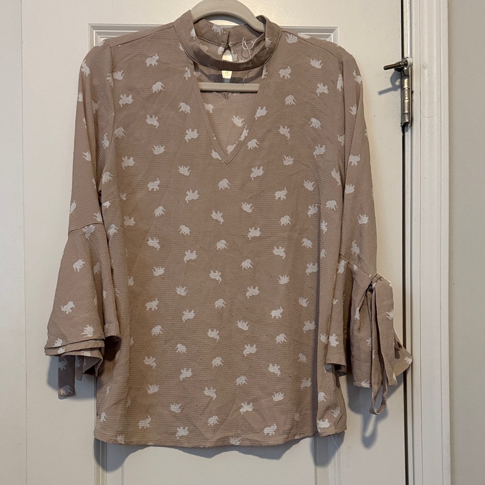 Women's Tan Blouse with White Elephant Pattern